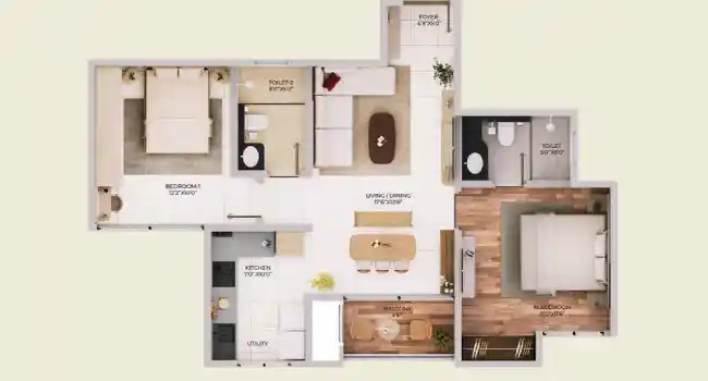 Purva Northern Lights 2 BHK Apartment Floor plan 1010 sq. ft. by Puravankara Limited located at KIADB Aerospace Park, Bagalur, Bangalore Karnataka