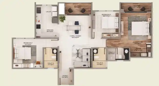 Purva Northern Lights 3 BHK Apartment Floor plan 1800 sq. ft. by Puravankara Limited located at KIADB Aerospace Park, Bagalur, Bangalore Karnataka