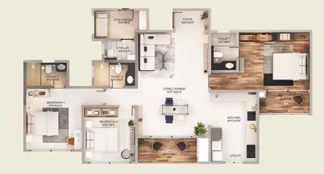 Purva Northern Lights 4 BHK Apartment Floor plan 2100 sq. ft. by Puravankara Limited located at KIADB Aerospace Park, Bagalur, Bangalore Karnataka