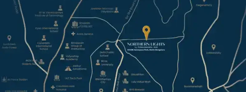 Purva Northern Lights Apartment Location map with birds eye view by Puravankara Limited located at KIADB Aerospace Park, Bagalur, Bangalore Karnataka